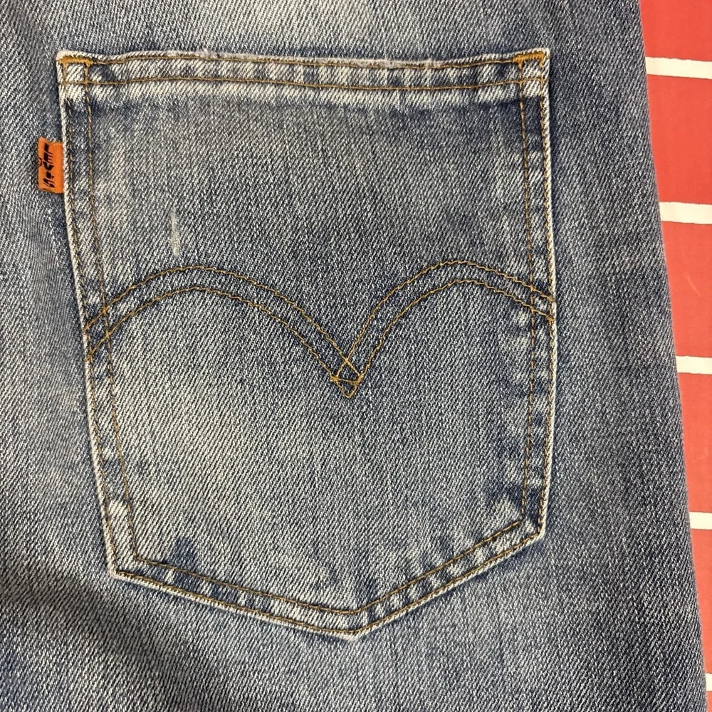 Levi's 606 Orange Tab Jeans Big E 33x32 Denim Straight Distressed Patched Knees